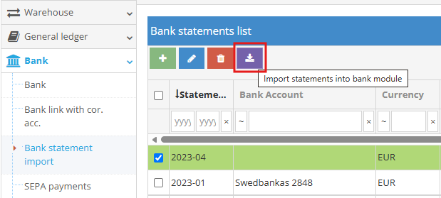 Bank statement import button in the module